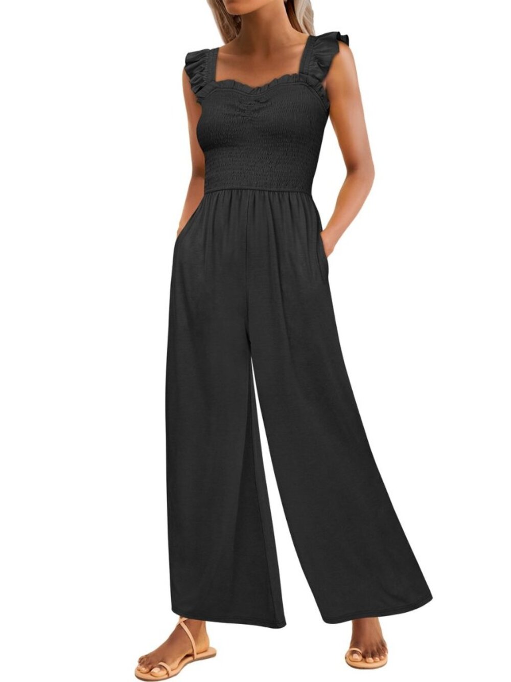Womens Jumpsuit Sleeveless Casual Dressy Smocked Wide Leg Rompers Summer